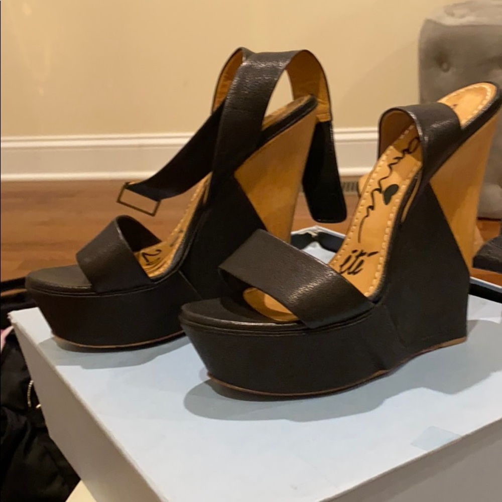 Lanvin black leather and natural platform sandal